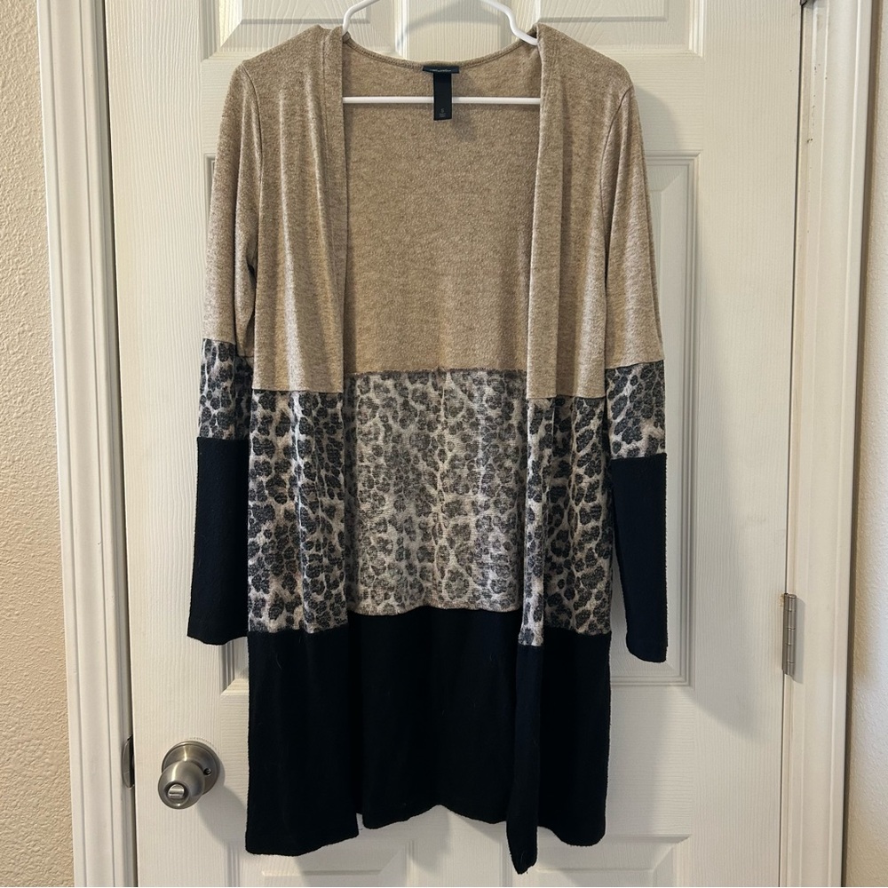 Tan and Black Leopard Print Women's Sweater Long Cardigan